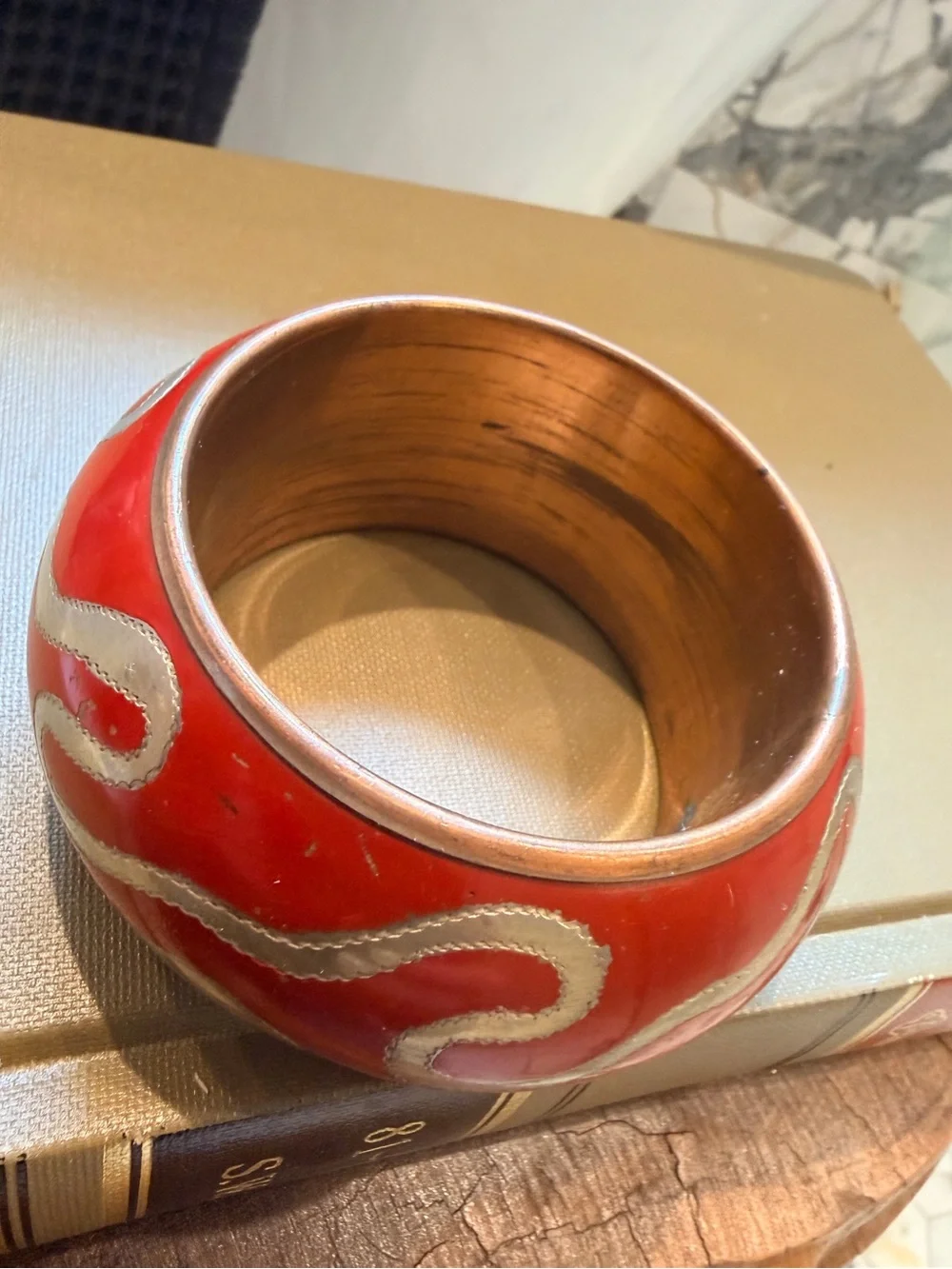 Vintage Red Copper Wide Bangle Bracelet Silver Tone Scrollwork